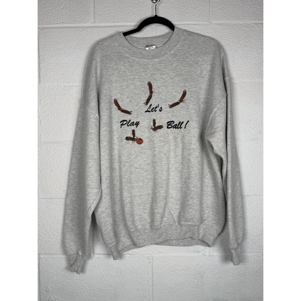 Vtg 90s Jerzees Sweatshirt XL Gray Eagles Basketball Graphic "Let's Play Ball"